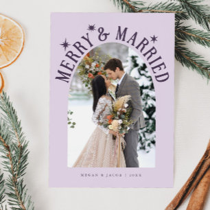 Merry & Married Arch Newlywed Photo Purple Holiday Card