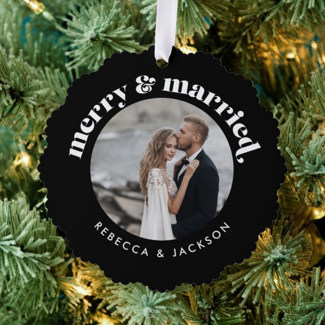 Merry Married Black Wedding Photo Christmas Ornament Card (Insitu (Tree))