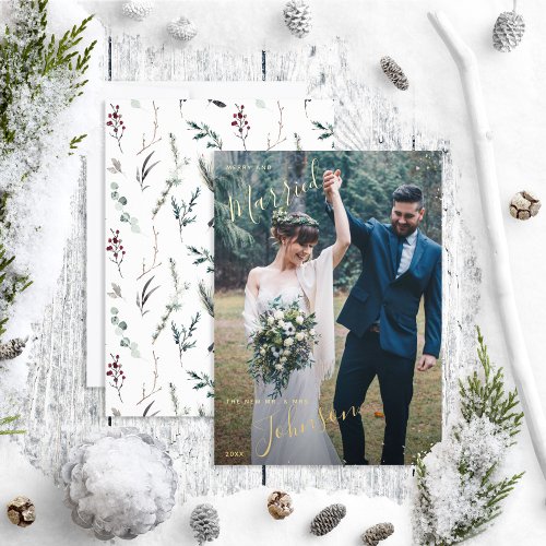 Merry  Married Black Winter Wedding Photo Foil Holiday Card