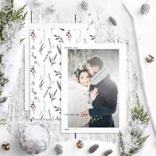 Merry  Married Black Winter Wedding Photo Foil Holiday Card