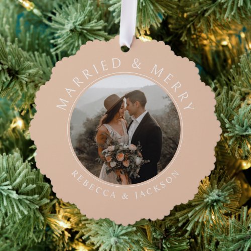Merry Married Blush Wedding Photo Christmas Ornament Card