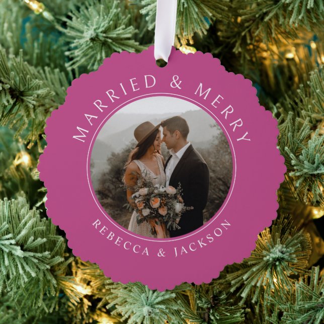 Merry Married Bold Pink Newlyweds Wedding Photo Ornament Card (Insitu (Tree))