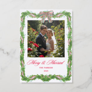 Merry & Married Bow Garland Christmas Letterpress Photo Cards