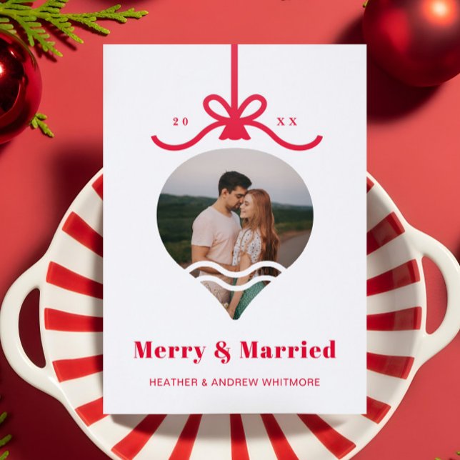 Merry & Married Bow Ornament Photo First Christmas Letterpress Photo Cards (Merry & Married Bow Ornament Photo First Christmas Letterpress Photo Cards)