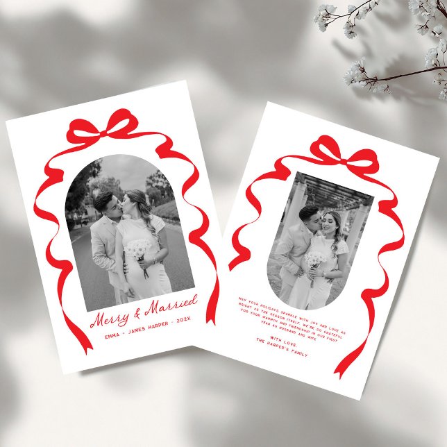 Merry & Married Bow Photo Christmas Newlyweds Arch Holiday Card (Creator Uploaded)