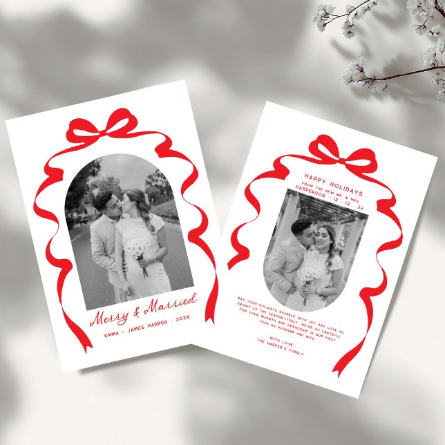 Merry & Married Bow Photo Christmas Newlyweds Arch Holiday Card (Creator Uploaded)