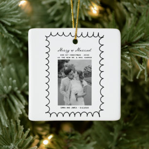 Merry & Married Bow Photo Christmas Newlyweds Ceramic Ornament