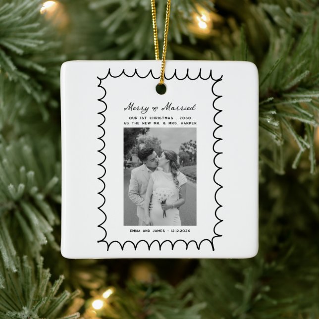 Merry & Married Bow Photo Christmas Newlyweds Ceramic Ornament (Tree)