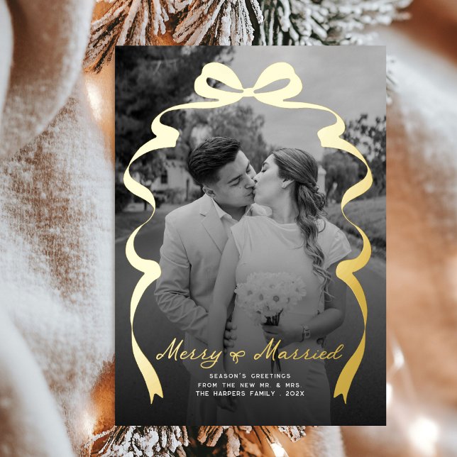 Merry & Married Bow Photo Christmas Newlyweds Foil Holiday Card (Creator Uploaded)