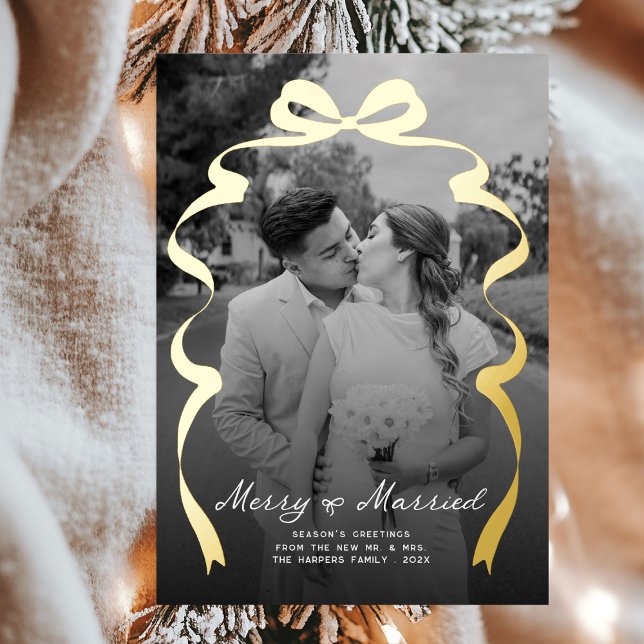 Merry & Married Bow Photo Christmas Newlyweds Foil Holiday Card (Creator Uploaded)