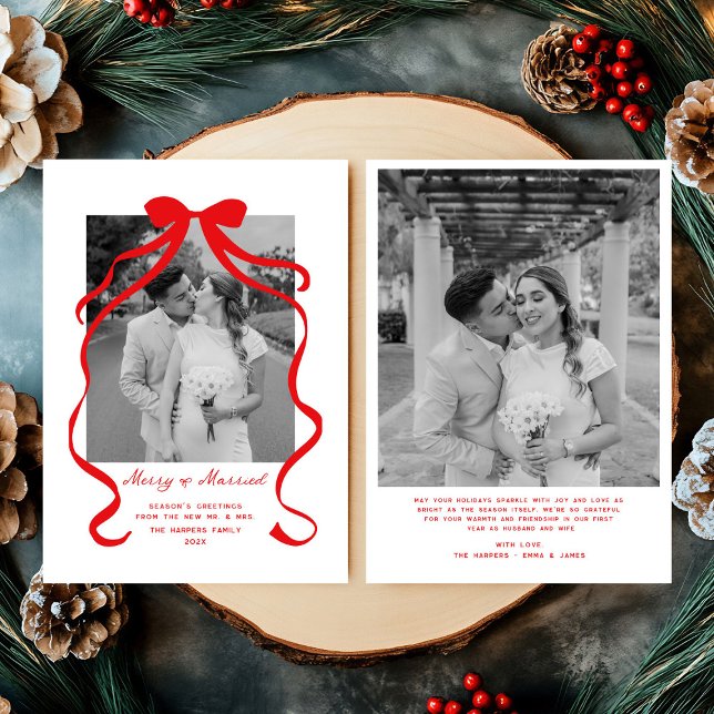 Merry & Married Bow Photo Christmas Newlyweds Holiday Card (Creator Uploaded)