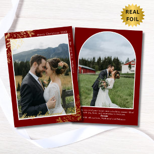 Merry & Married Burgundy & Gold 2 Photo Christmas Foil Holiday Card