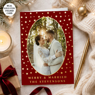 Merry & Married Burgundy Stars Photo Christmas Foil Holiday Card