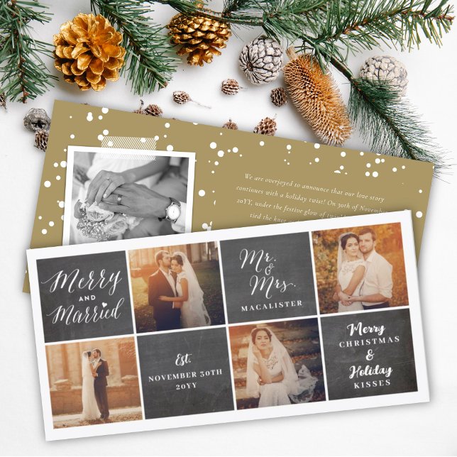 Merry & Married Chalkboard 4 Photo Collage Wedding Holiday Card (Creator Uploaded)