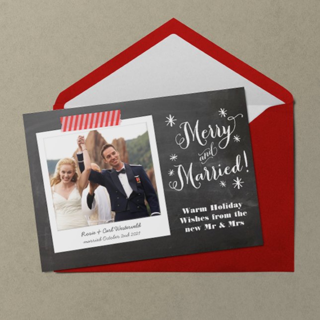 Merry & Married Chalkboard Holiday Card (Chalkboard lettering Merry & Married Christmas holiday card with pink and red striped Washi tape)