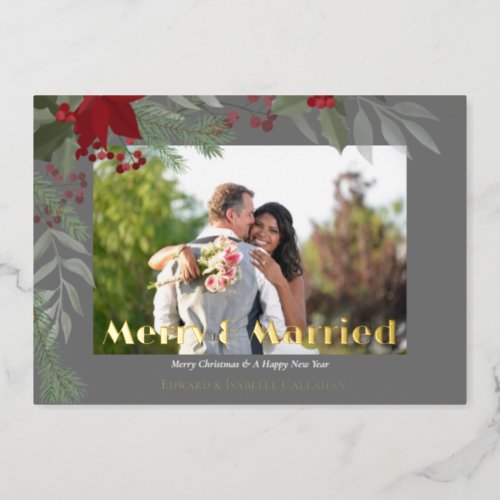 Merry  Married Chic Wedding Photo Gold Letters  Foil Holiday Card