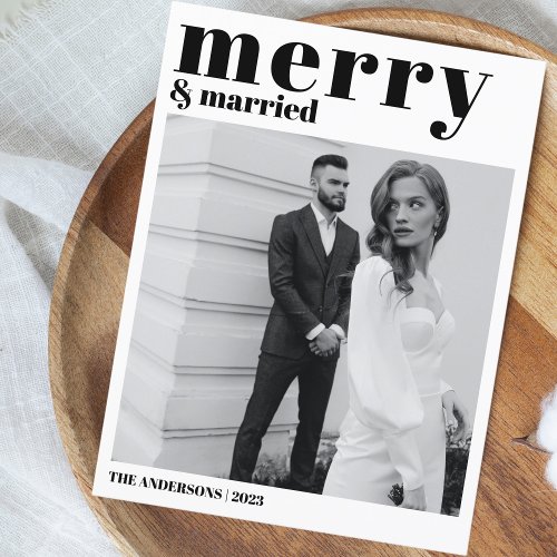 Merry  Married Christmas Modern Photo Black White Holiday Postcard