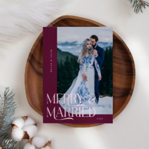 Merry & Married Christmas Newlywed Photo Cranberry Holiday Card
