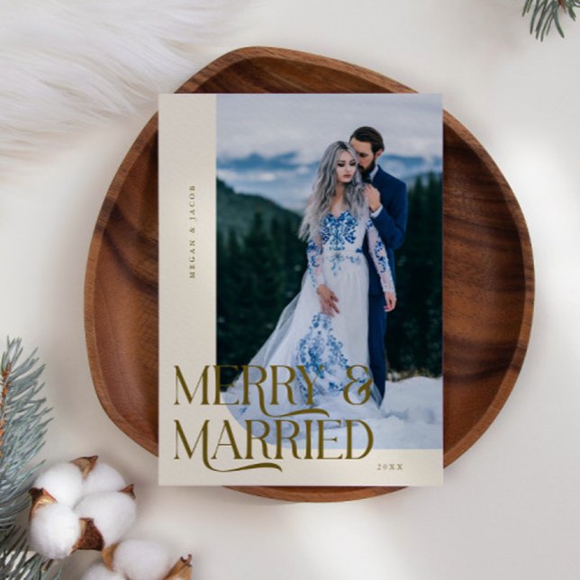 Merry & Married Christmas Newlywed Photo Cream Holiday Card (Creator Uploaded)