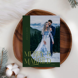 Merry & Married Christmas Newlywed Photo Green Holiday Card