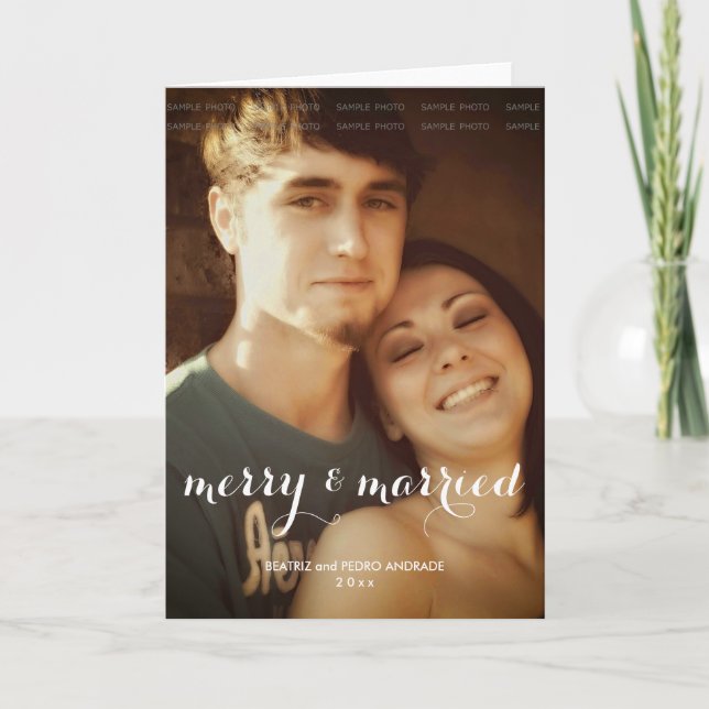 Merry Married Christmas Photo White Script Holiday Card (Front)