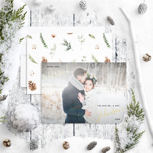 Merry  Married Cotton Winter Wedding Photo Foil Holiday Card