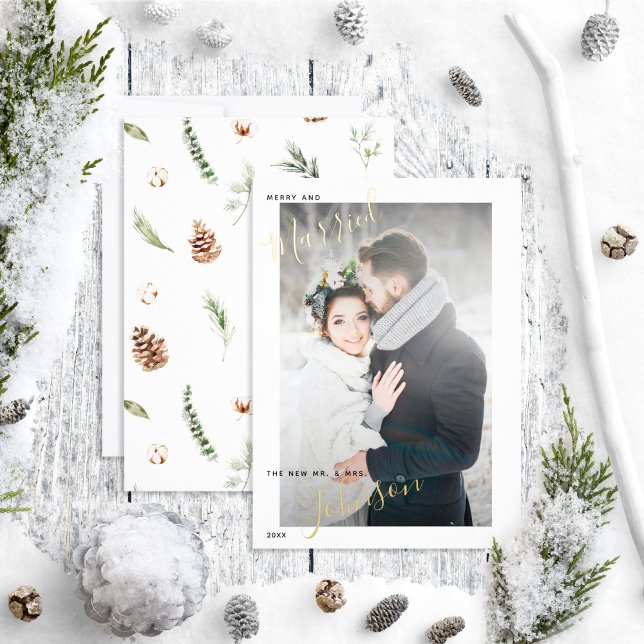 Merry & Married Cotton Winter Wedding Photo Foil Holiday Card (Creator Uploaded)