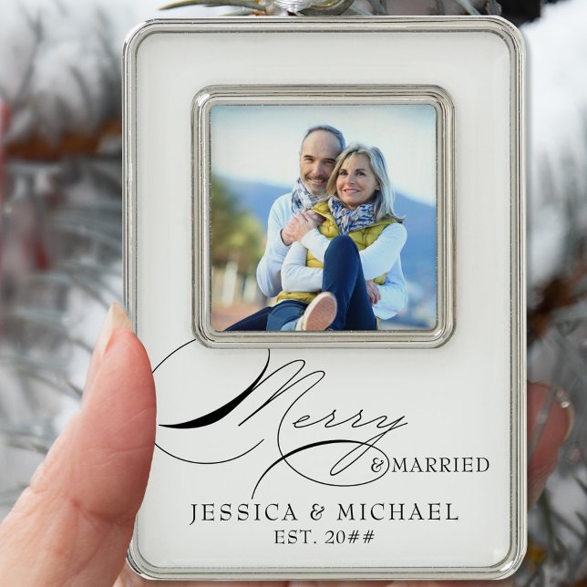 Merry & Married Couples Calligraphy Photo Christmas Ornament (Creator Uploaded)