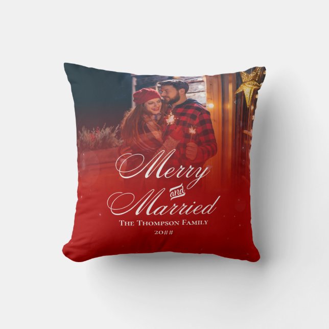 Merry Married Custom Couple Name Date Modern Photo Throw Pillow (Front)