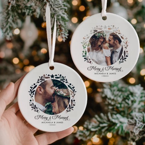 Merry &amp; Married Cutout Frame 2-Photo 1st Christmas Ceramic Ornament