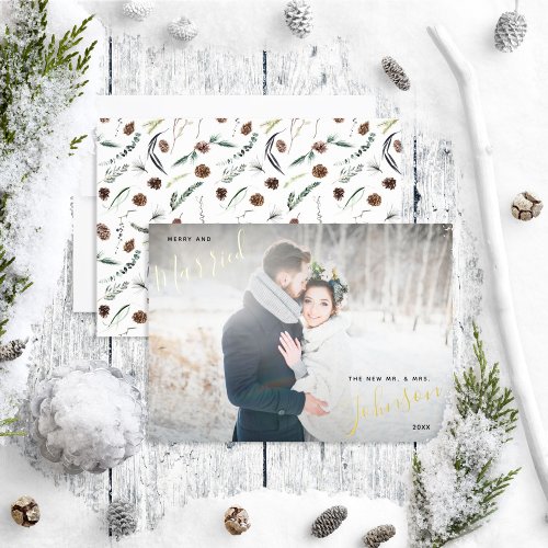 Merry  Married Dusty Winter Wedding Photo Foil Holiday Card
