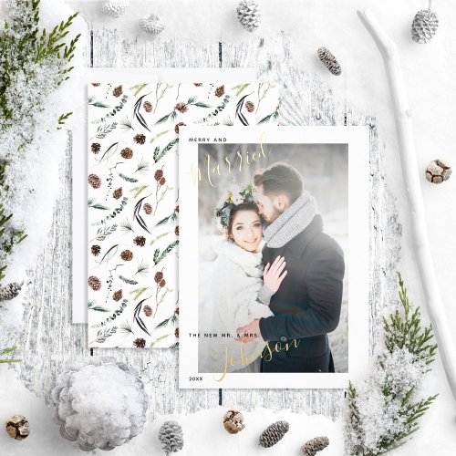 Merry  Married Dusty Winter Wedding Photo Foil Holiday Card