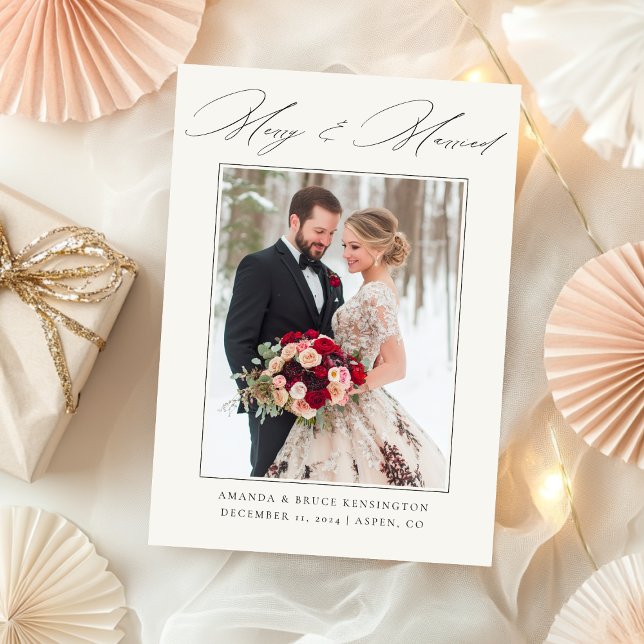 Merry & Married Elegant Calligraphy Photo Wedding Holiday Card (Creator Uploaded)