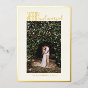Merry Married Elegant Minimal Christmas Photo Gold Foil Holiday Card
