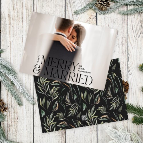 Merry  married Elegant photo modern botanical Holiday Card