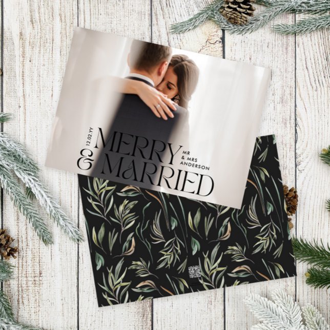 Merry & married Elegant photo modern botanical Holiday Card (Creator Uploaded)