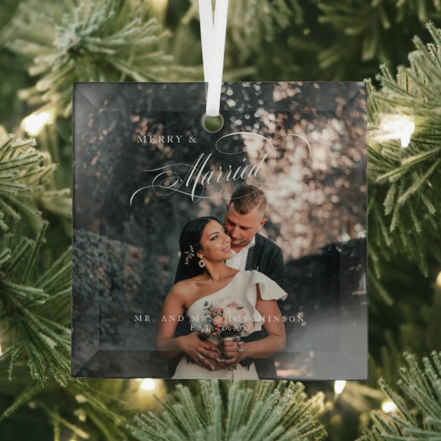 Merry & Married Elegant Script Photo Glass Ornament (Insitu)