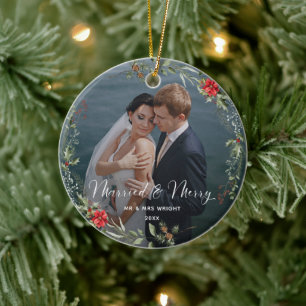 Merry & Married Elegant Script Wedding Photo Ceramic Ornament