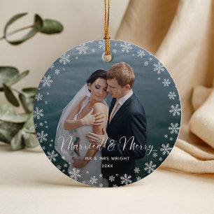 Merry & Married Elegant Script Wedding Photo Ornament