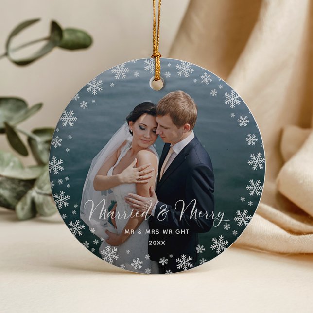 Merry & Married Elegant Script Wedding Photo Ornament (Creator Uploaded)