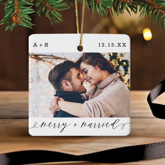 Merry & Married Elegant Script Wedding Photos Ceramic Ornament (Merry & Married Elegant Script Wedding Photos Ceramic Ornament)