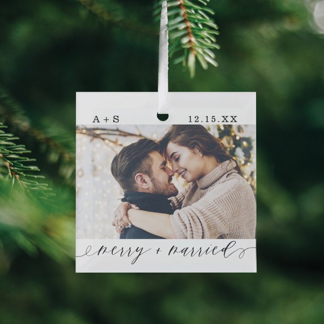 Merry & Married Elegant Script Wedding Photos Glass Ornament (Creator Uploaded)