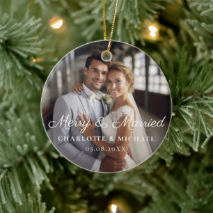 Merry & Married!  Elegant, Simpel, Photo Ceramic Ornament