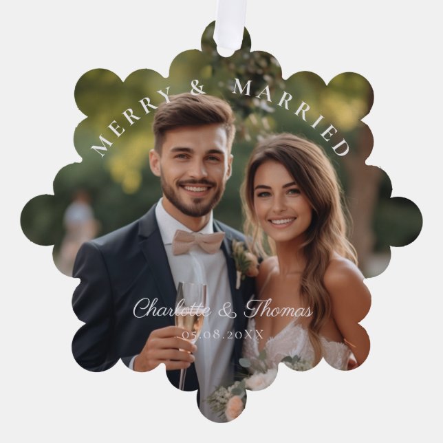 Merry & Married!  Elegant, Simpel, Photo Ornament Card (Front)