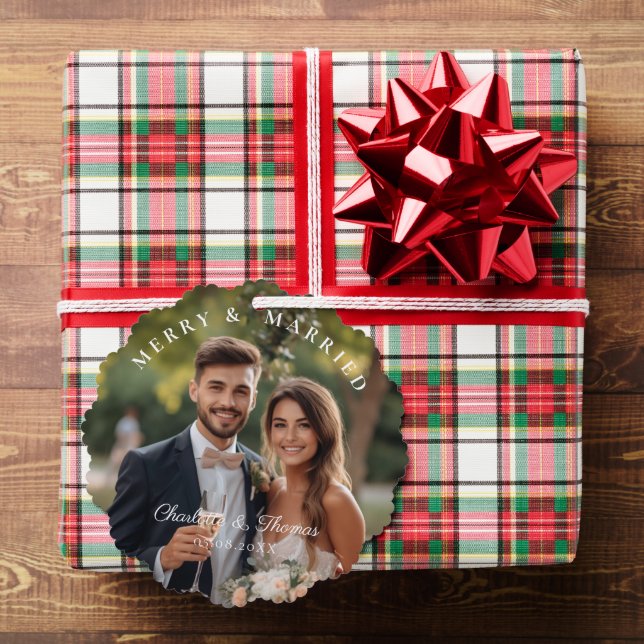 Merry & Married!  Elegant, Simpel, Photo Ornament Card (Insitu (Gift))