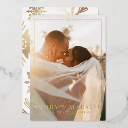 Merry  Married Elegant Wedding Photo Snowflake Foil Holiday Card