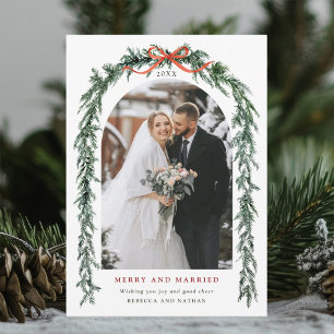 Merry & Married Evergreen Garland Newlywed Photo Holiday Card