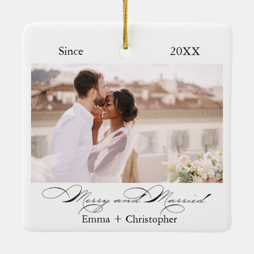 Merry Married First Christmas 2 Photo Wedding Ceramic Ornament