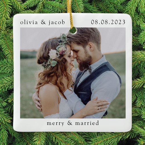 Merry &amp; Married First Christmas Wedding Photo Ceramic Ornament