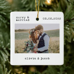Merry & Married First Christmas Wedding Photo Ceramic Ornament<br><div class="desc">A modern photo keepsake</div>